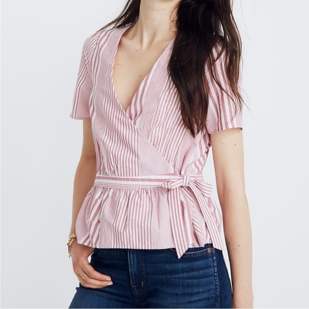 Madewell Ruffle Hem Wrap TopRed/White Stripe Sz S